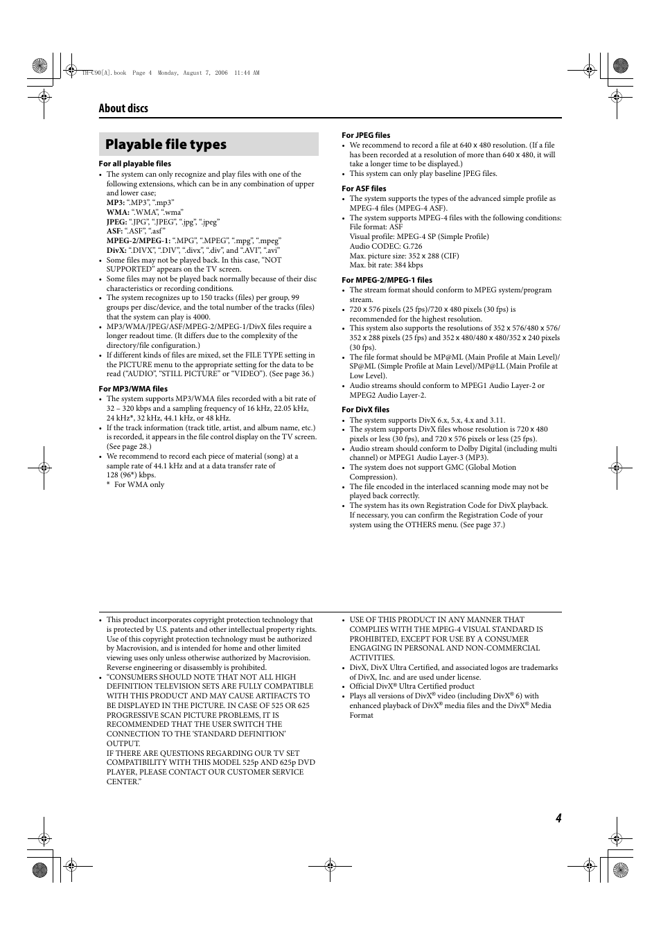 Playable file types, About discs | JVC TH-C90 User Manual | Page 57 / 138