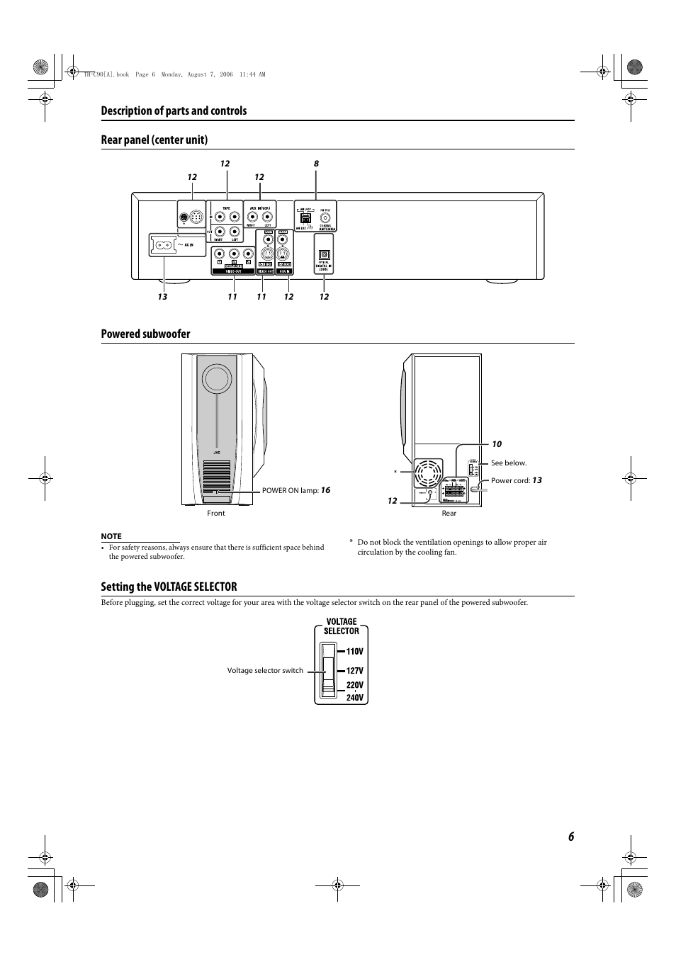 Rear panel (center unit) powered subwoofer, Setting the voltage selector, Description of parts and controls | JVC TH-C90 User Manual | Page 59 / 138