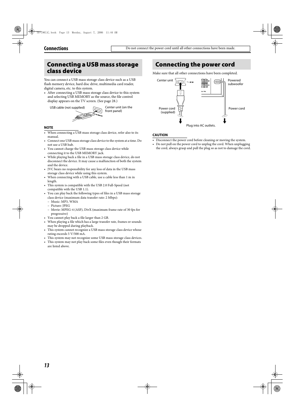 Connecting a usb mass storage class device, Connecting the power cord, Connections | JVC TH-C90 User Manual | Page 66 / 138