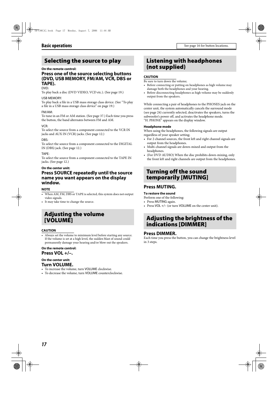 Basic operations, Press vol, Turn volume | Press muting, Press dimmer | JVC TH-C90 User Manual | Page 70 / 138