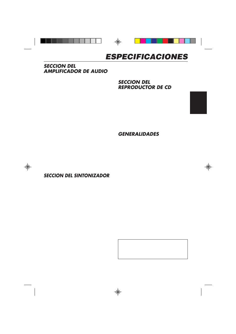 Especificaciones, Seccion del amplificador de audio, Seccion del sintonizador | Seccion del reproductor de cd, Generalidades | JVC KD-LX50 User Manual | Page 121 / 182