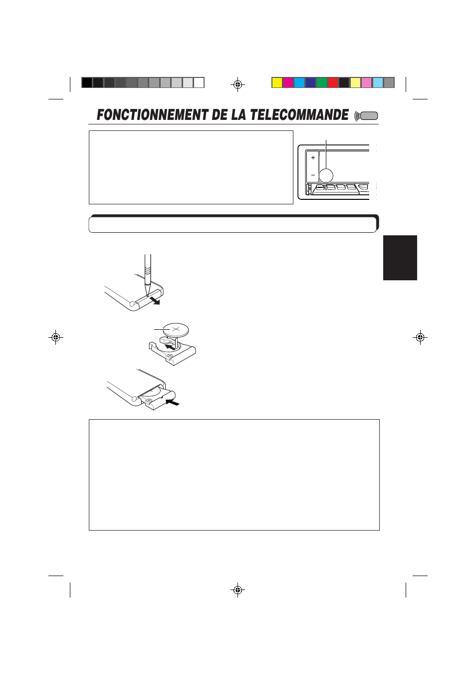 Fonctionnement de la telecommande, Mise en place de la pile | JVC KD-LX50 User Manual | Page 171 / 182