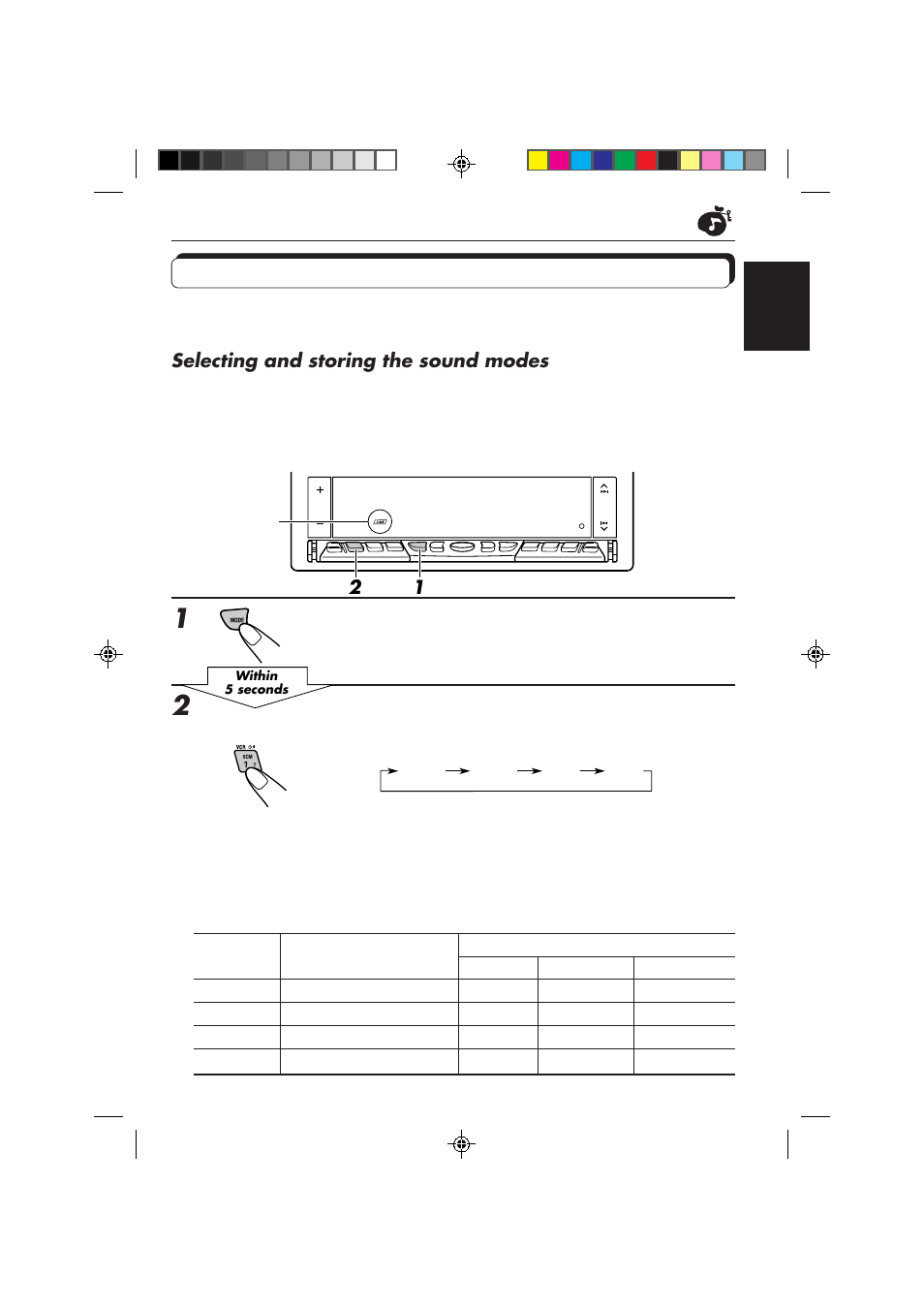 Selecting and storing the sound modes, Light “mode” on the lower part of the display, Select the sound mode you want | JVC KD-LX50 User Manual | Page 19 / 182
