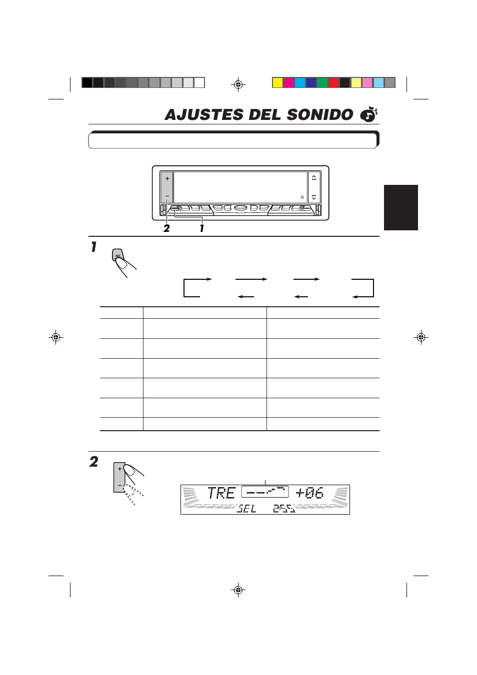 Ajustes del sonido, Ajuste del sonido, Seleccione el ítem que desea ajustar | Ajuste el nivel | JVC KD-LX50 User Manual | Page 77 / 182