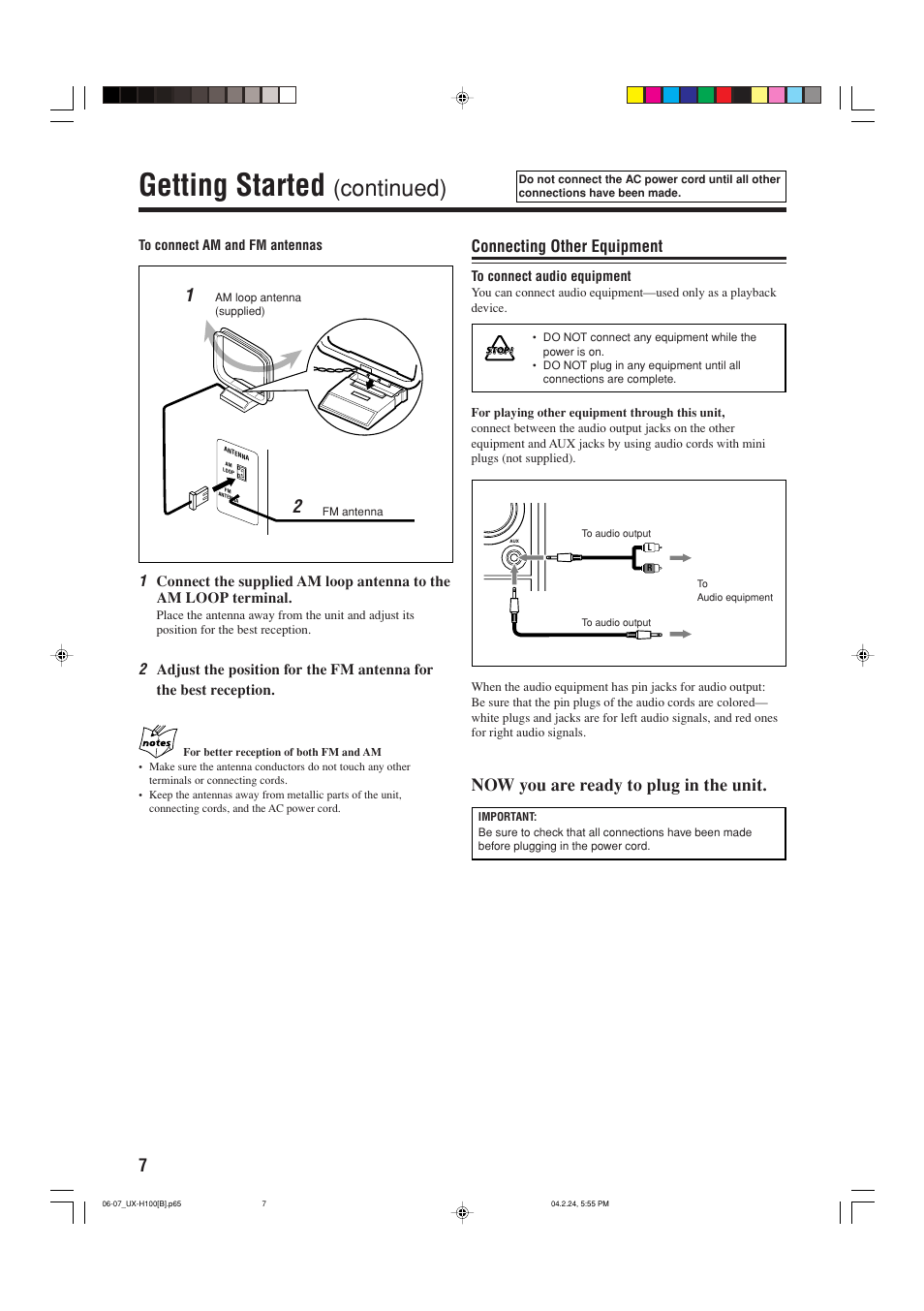 Getting started, Continued), Now you are ready to plug in the unit | Connecting other equipment | JVC SP-UXH100 User Manual | Page 10 / 26