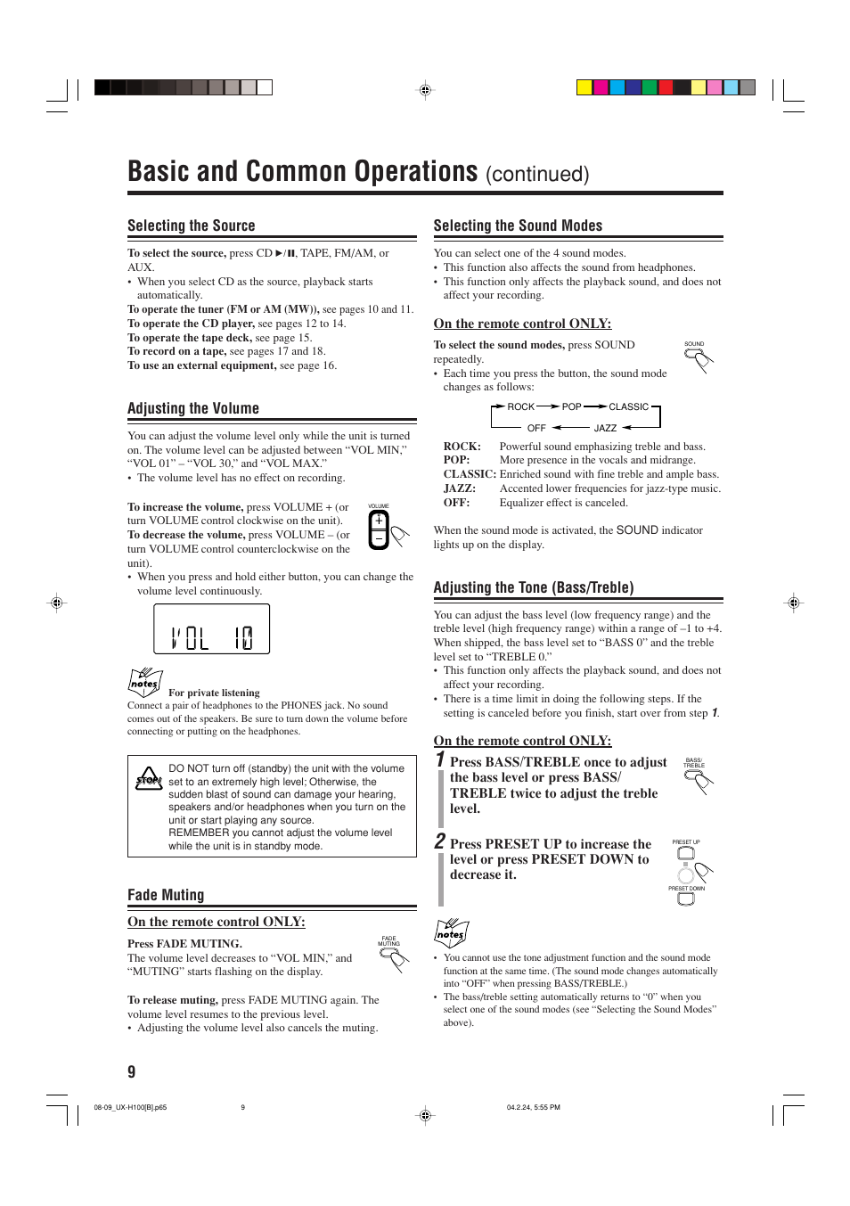 Basic and common operations, Continued), Selecting the source | Adjusting the volume, Fade muting, Selecting the sound modes, Adjusting the tone (bass/treble) | JVC SP-UXH100 User Manual | Page 12 / 26