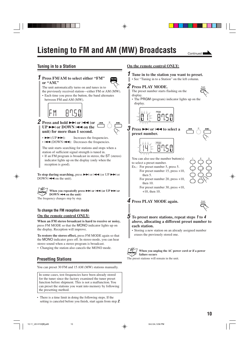 Listening to fm and am (mw) broadcasts, Tuning in to a station, Presetting stations | JVC SP-UXH100 User Manual | Page 13 / 26