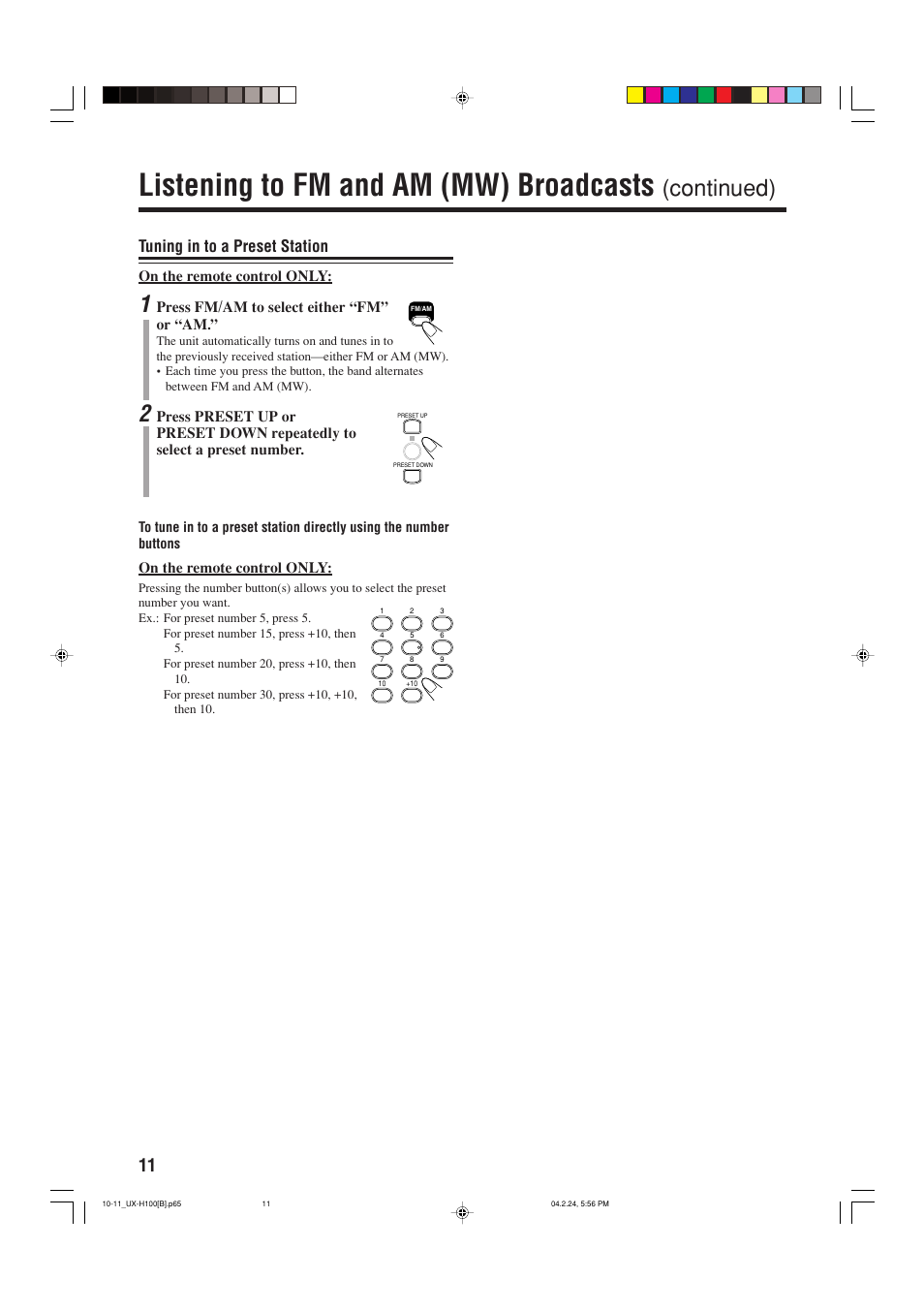 Listening to fm and am (mw) broadcasts, Continued), Tuning in to a preset station | JVC SP-UXH100 User Manual | Page 14 / 26