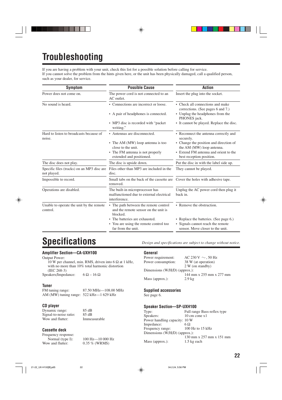 Troubleshooting, Specifications | JVC SP-UXH100 User Manual | Page 25 / 26