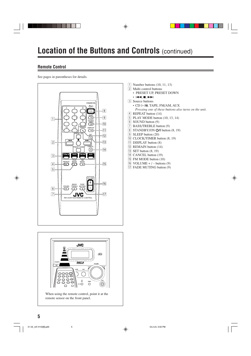 Location of the buttons and controls, Continued), Remote control | See pages in parentheses for details | JVC SP-UXH100 User Manual | Page 8 / 26