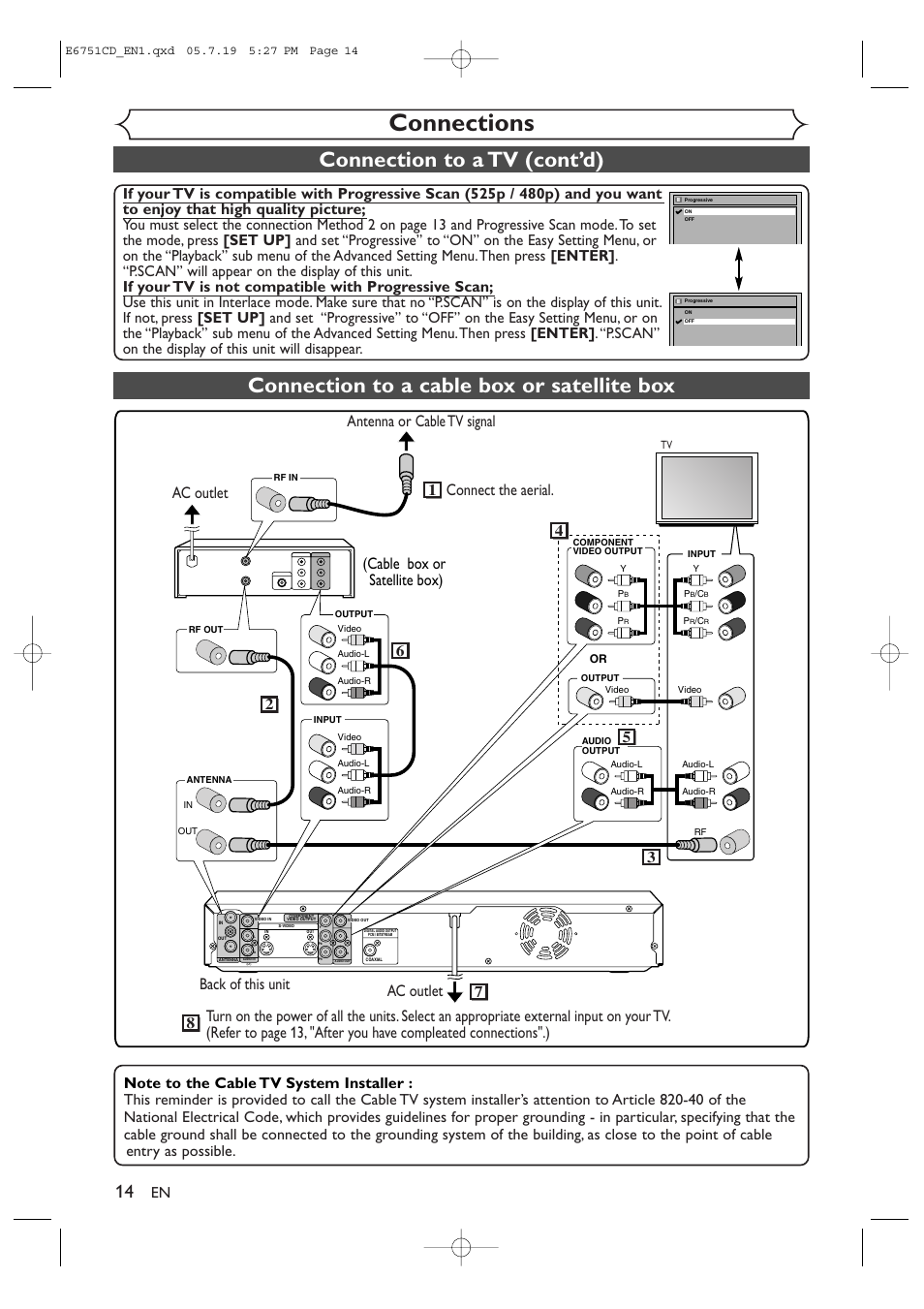Connections, Connection to a cable box or satellite box, Connection to a tv (cont’d) | JVC DR-M70SU User Manual | Page 14 / 88