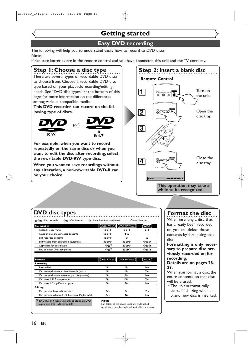 Getting started, Step 2: insert a blank disc, Easy dvd recording | Step 1: choose a disc type, Format the disc, Dvd disc types, Turn on the unit, Open the disc tray | JVC DR-M70SU User Manual | Page 16 / 88