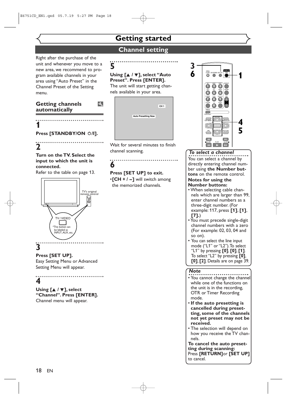 Getting started, Channel setting, Getting channels automatically | JVC DR-M70SU User Manual | Page 18 / 88