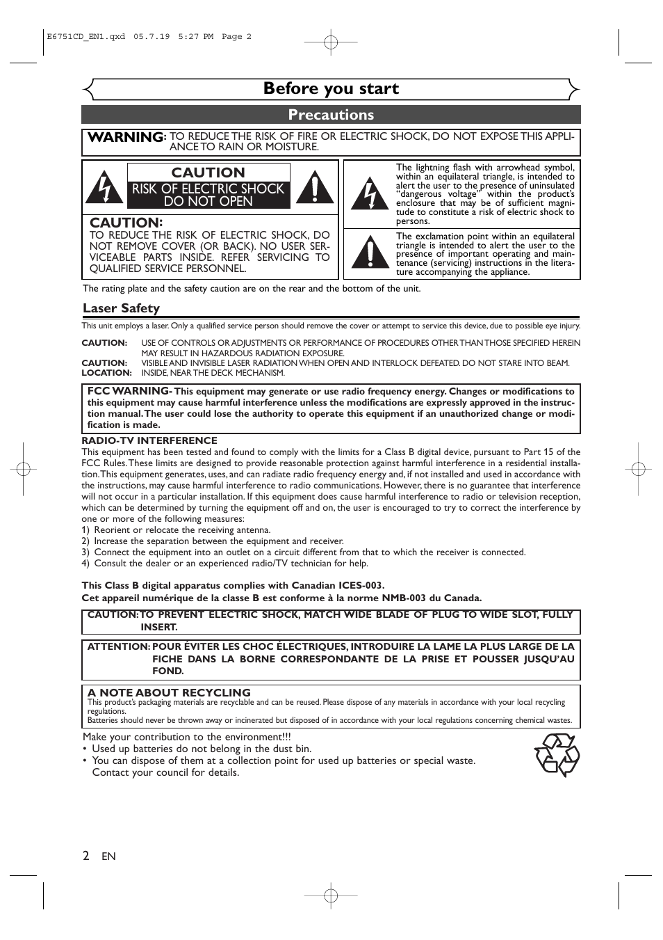 Before you start, Precautions, Warning | Caution, Caution risk of electric shock do not open, Laser safety | JVC DR-M70SU User Manual | Page 2 / 88