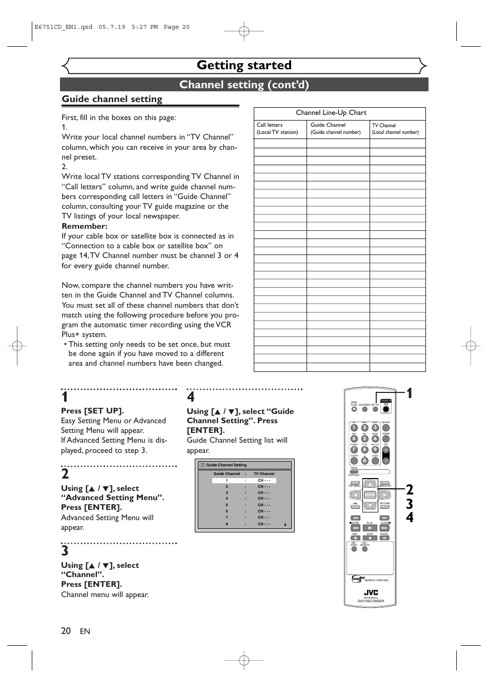 Getting started, Channel setting (cont’d), Guide channel setting | Channel line-up chart | JVC DR-M70SU User Manual | Page 20 / 88