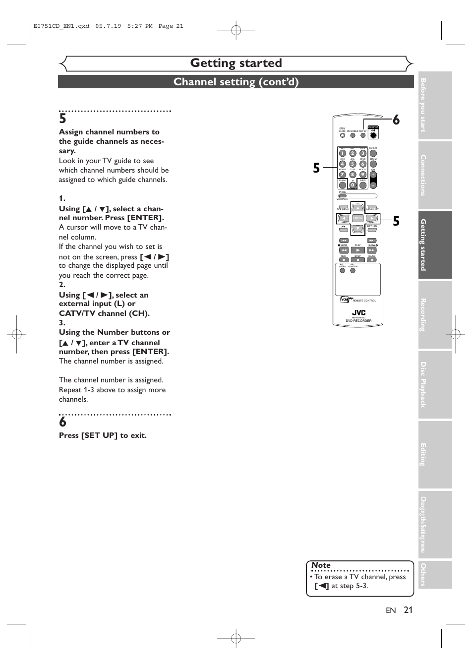 Getting started, Channel setting (cont’d), Press [set up] to exit | JVC DR-M70SU User Manual | Page 21 / 88