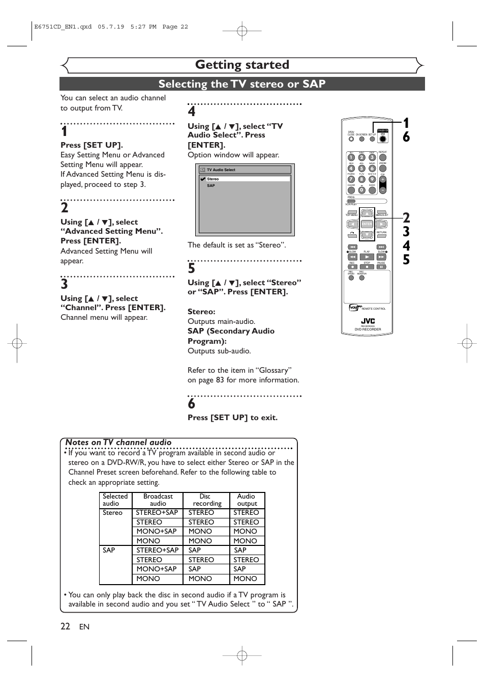 Getting started, Selecting the tv stereo or sap, You can select an audio channel to output from tv | Press [set up] to exit | JVC DR-M70SU User Manual | Page 22 / 88