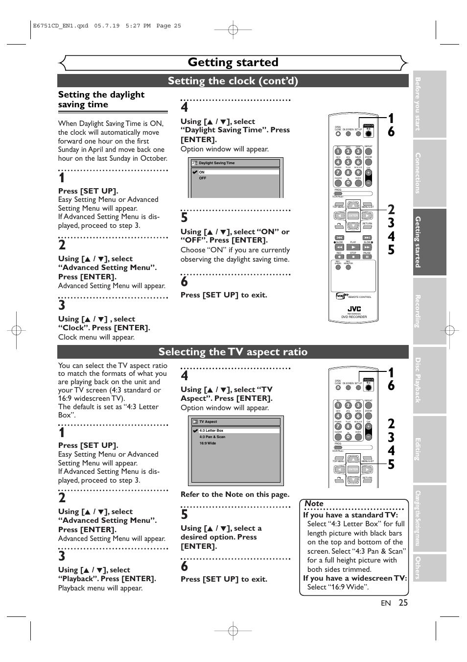 Getting started, Selecting the tv aspect ratio, Setting the clock (cont’d) | Setting the daylight saving time, Press [set up] to exit | JVC DR-M70SU User Manual | Page 25 / 88
