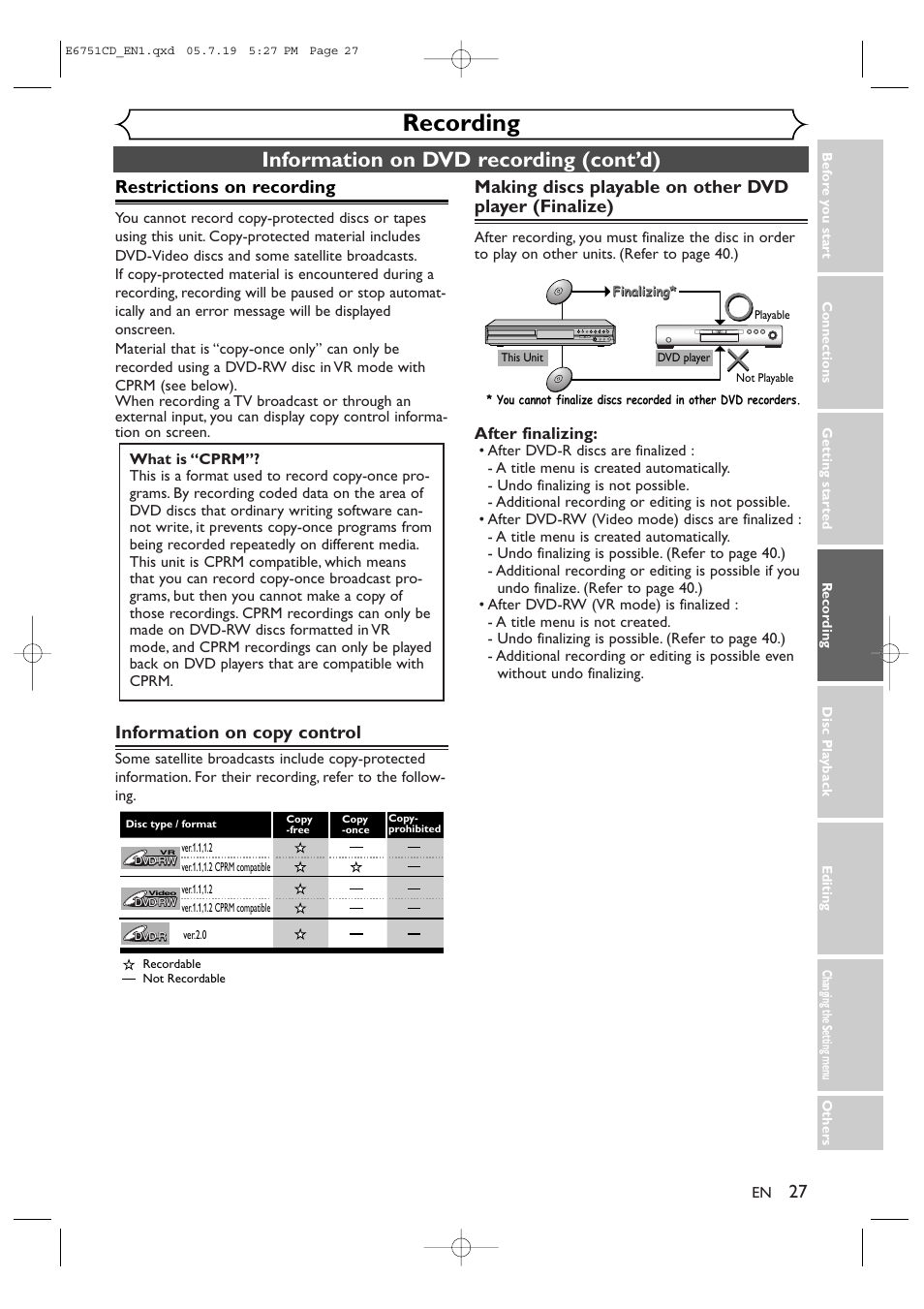 Recording, Information on dvd recording (cont’d), Restrictions on recording | Information on copy control | JVC DR-M70SU User Manual | Page 27 / 88