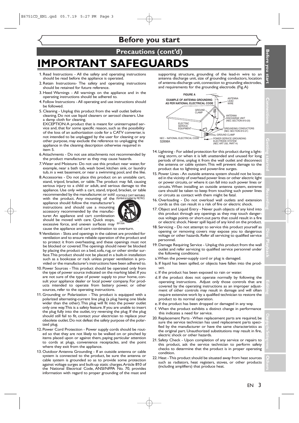 Important safeguards, Before you start, Precautions (cont’d) | JVC DR-M70SU User Manual | Page 3 / 88