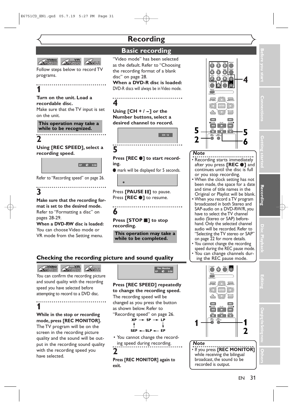 Recording, Basic recording, Checking the recording picture and sound quality | This operation may take a while to be recognized, Press [rec monitor] again to exit | JVC DR-M70SU User Manual | Page 31 / 88