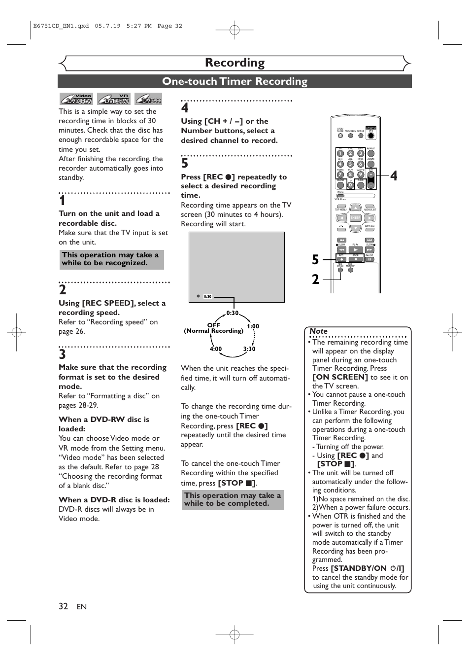 Recording, One-touch timer recording, This operation may take a while to be recognized | JVC DR-M70SU User Manual | Page 32 / 88