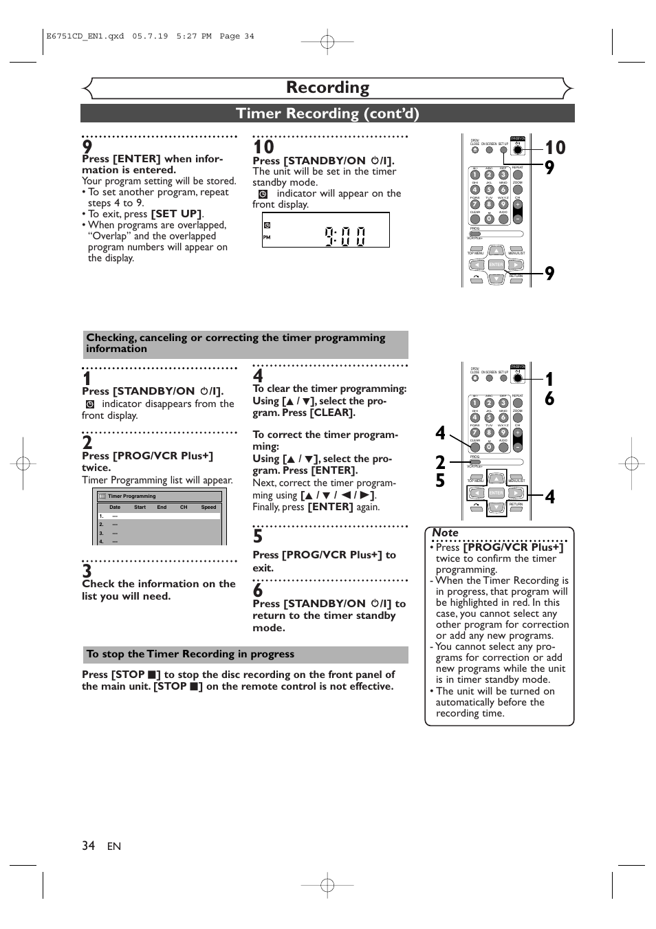 Recording, Timer recording (cont’d), Check the information on the list you will need | Press [prog/vcr plus+] to exit | JVC DR-M70SU User Manual | Page 34 / 88