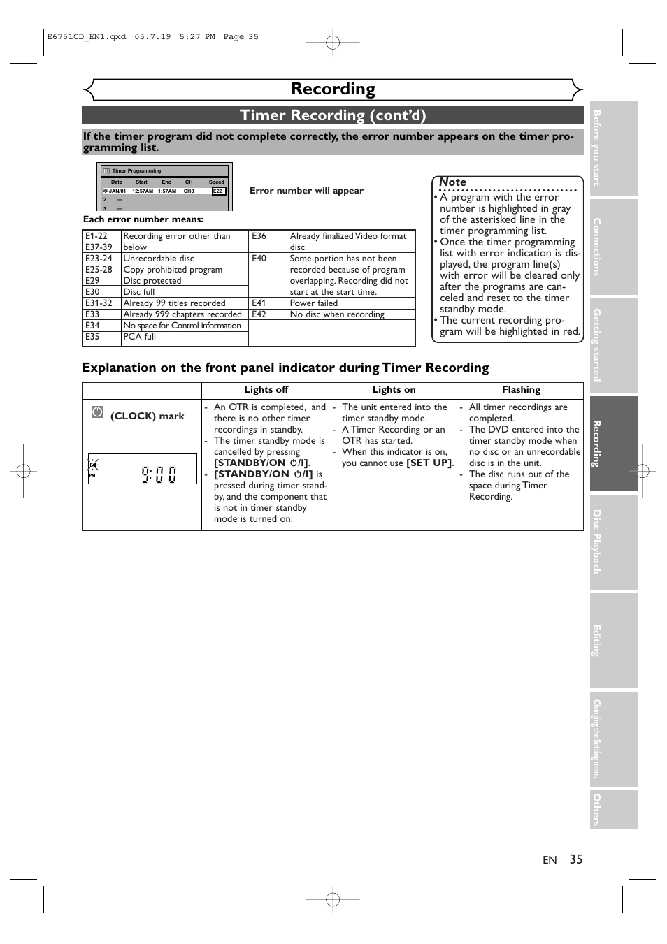 Recording, Timer recording (cont’d) | JVC DR-M70SU User Manual | Page 35 / 88