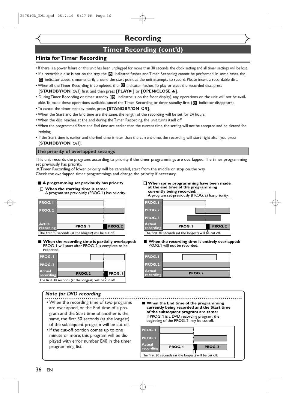 Recording, Timer recording (cont’d), Hints for timer recording | JVC DR-M70SU User Manual | Page 36 / 88
