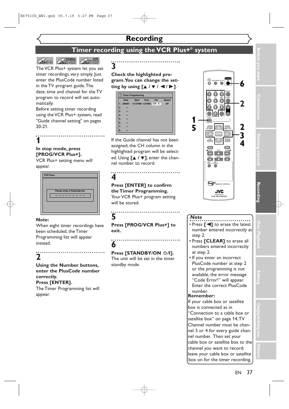 Recording, Timer recording using the vcr plus, System | Press [prog/vcr plus+] to exit | JVC DR-M70SU User Manual | Page 37 / 88