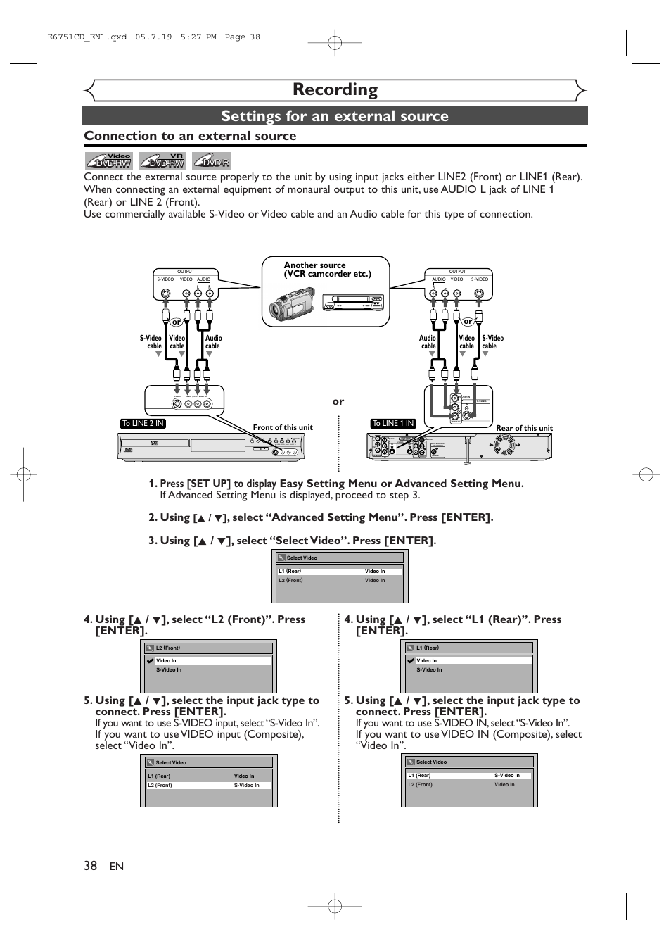 Recording, Settings for an external source, Connection to an external source | K / l, Audio in, Lr audio out, Ly pb pr r, Mono) | JVC DR-M70SU User Manual | Page 38 / 88