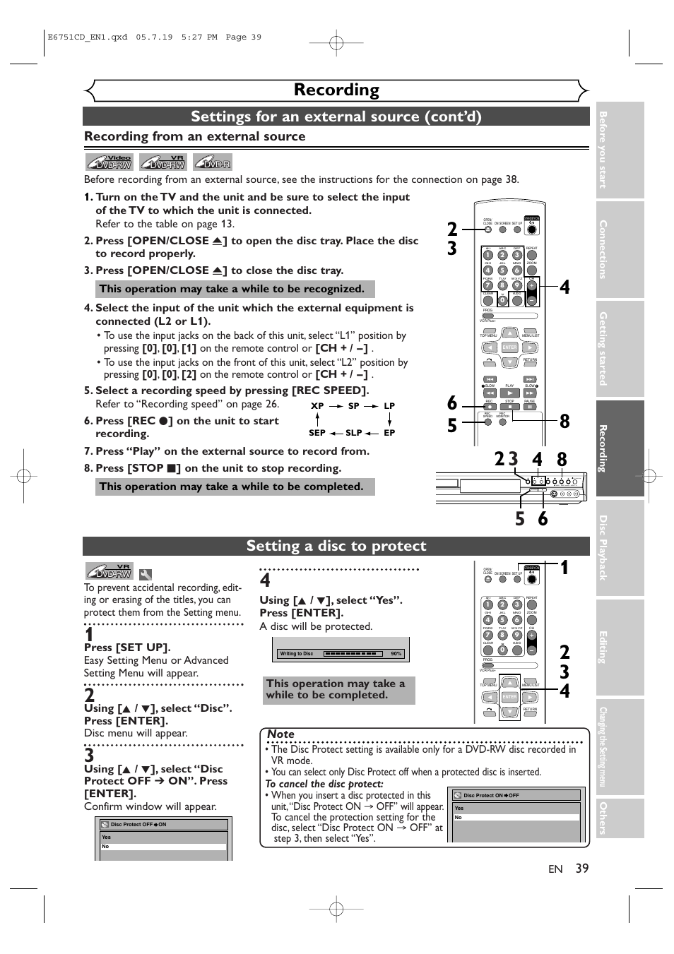 Recording, Settings for an external source (cont’d), Setting a disc to protect | Recording from an external source | JVC DR-M70SU User Manual | Page 39 / 88