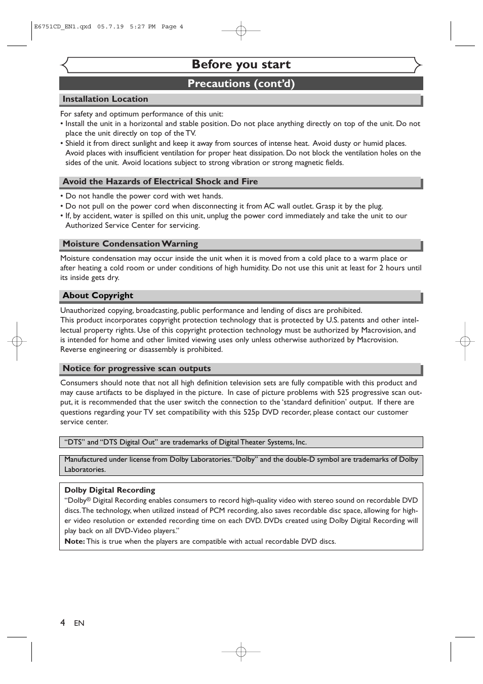 Before you start, Precautions (cont’d) | JVC DR-M70SU User Manual | Page 4 / 88