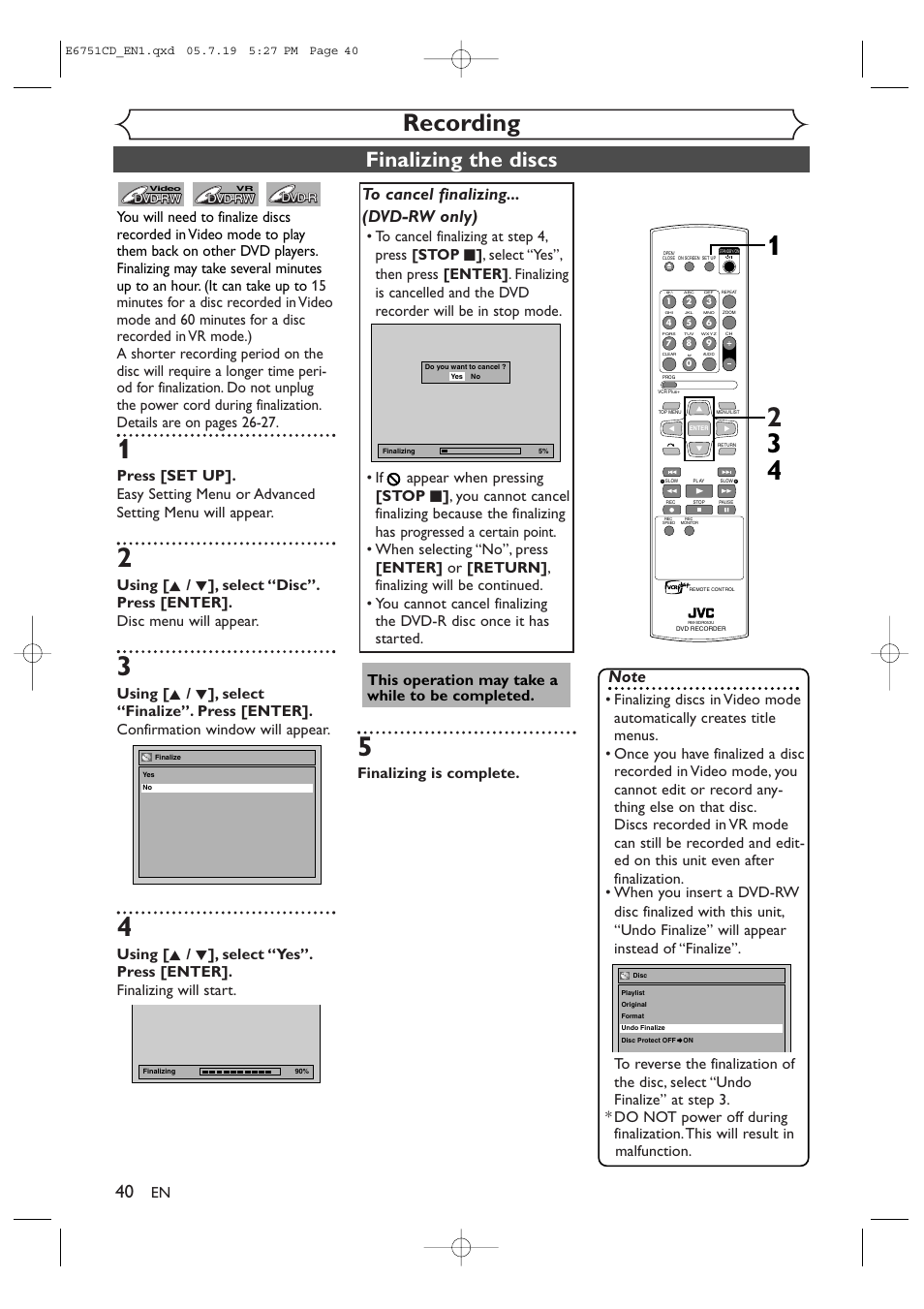 Recording, Finalizing the discs | JVC DR-M70SU User Manual | Page 40 / 88