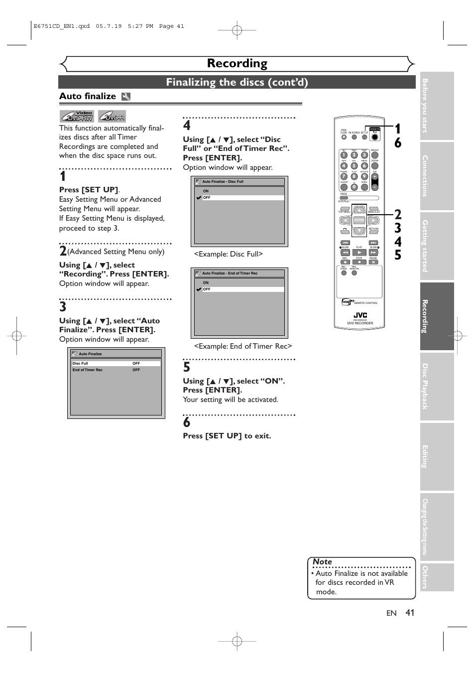 Recording, Finalizing the discs (cont’d), Auto finalize | Press [set up] to exit | JVC DR-M70SU User Manual | Page 41 / 88