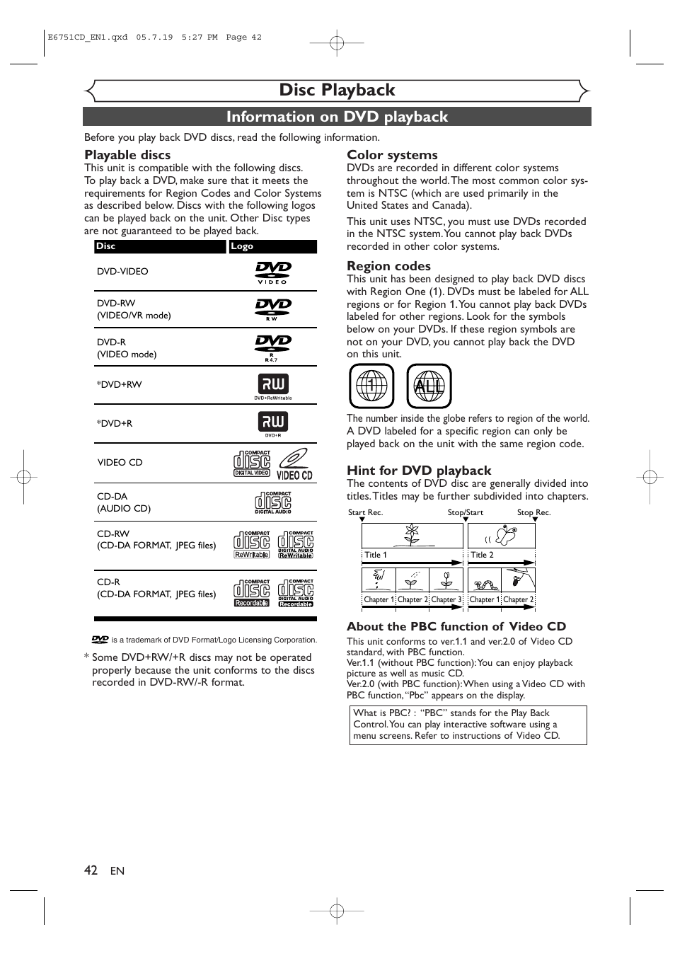 Disc playback, Information on dvd playback, Playable discs | Color systems, Region codes, Hint for dvd playback | JVC DR-M70SU User Manual | Page 42 / 88