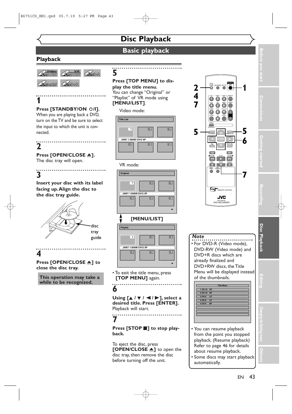 Disc playback, Basic playback, Playback | Press [open/close a ]. the disc tray will open, Press [open/close a ] to close the disc tray, This operation may take a while to be recognized, Disc tray guide | JVC DR-M70SU User Manual | Page 43 / 88
