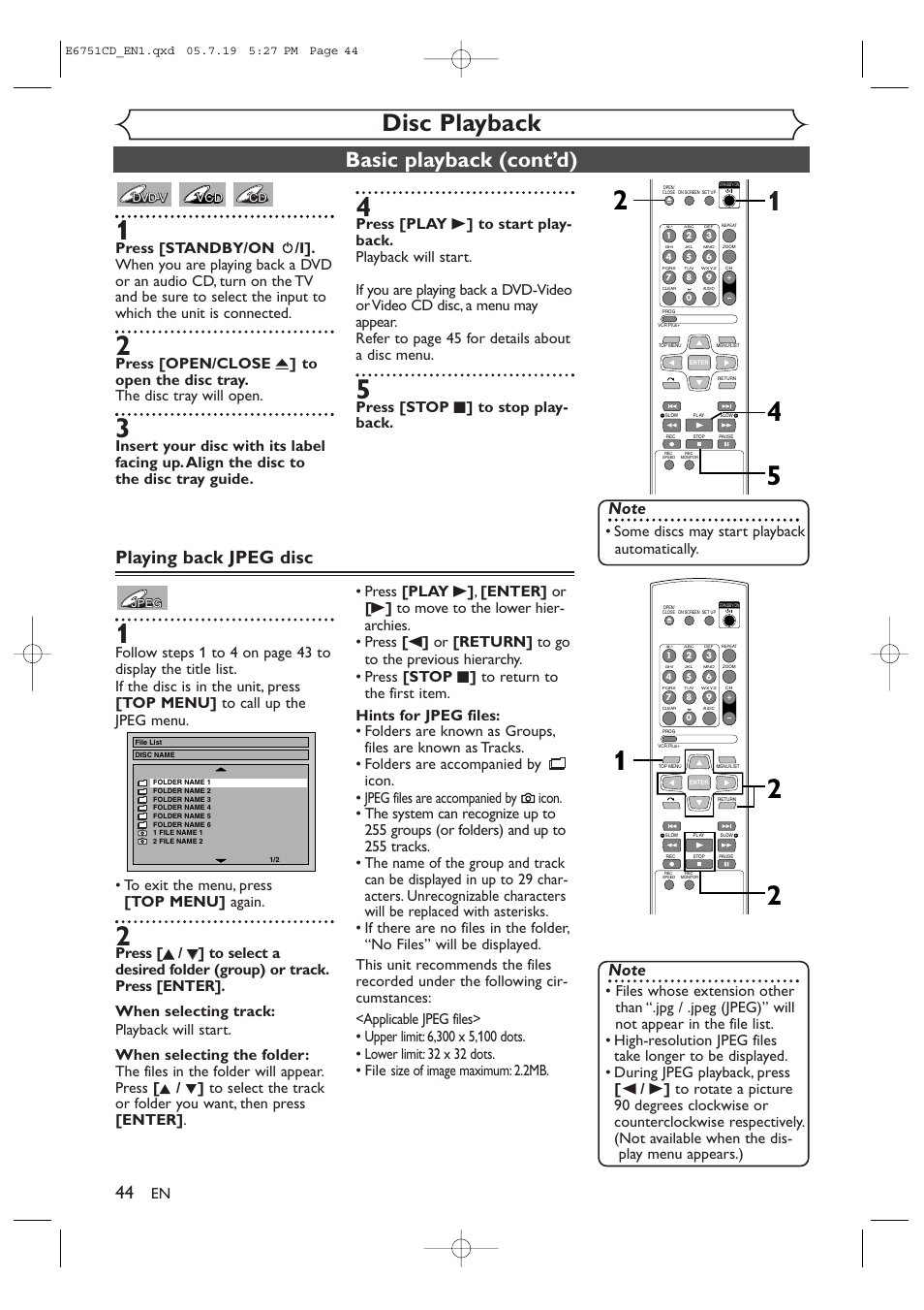 Disc playback, Basic playback (cont’d), Playing back jpeg disc | Press [stop c ] to stop play- back, Some discs may start playback automatically | JVC DR-M70SU User Manual | Page 44 / 88