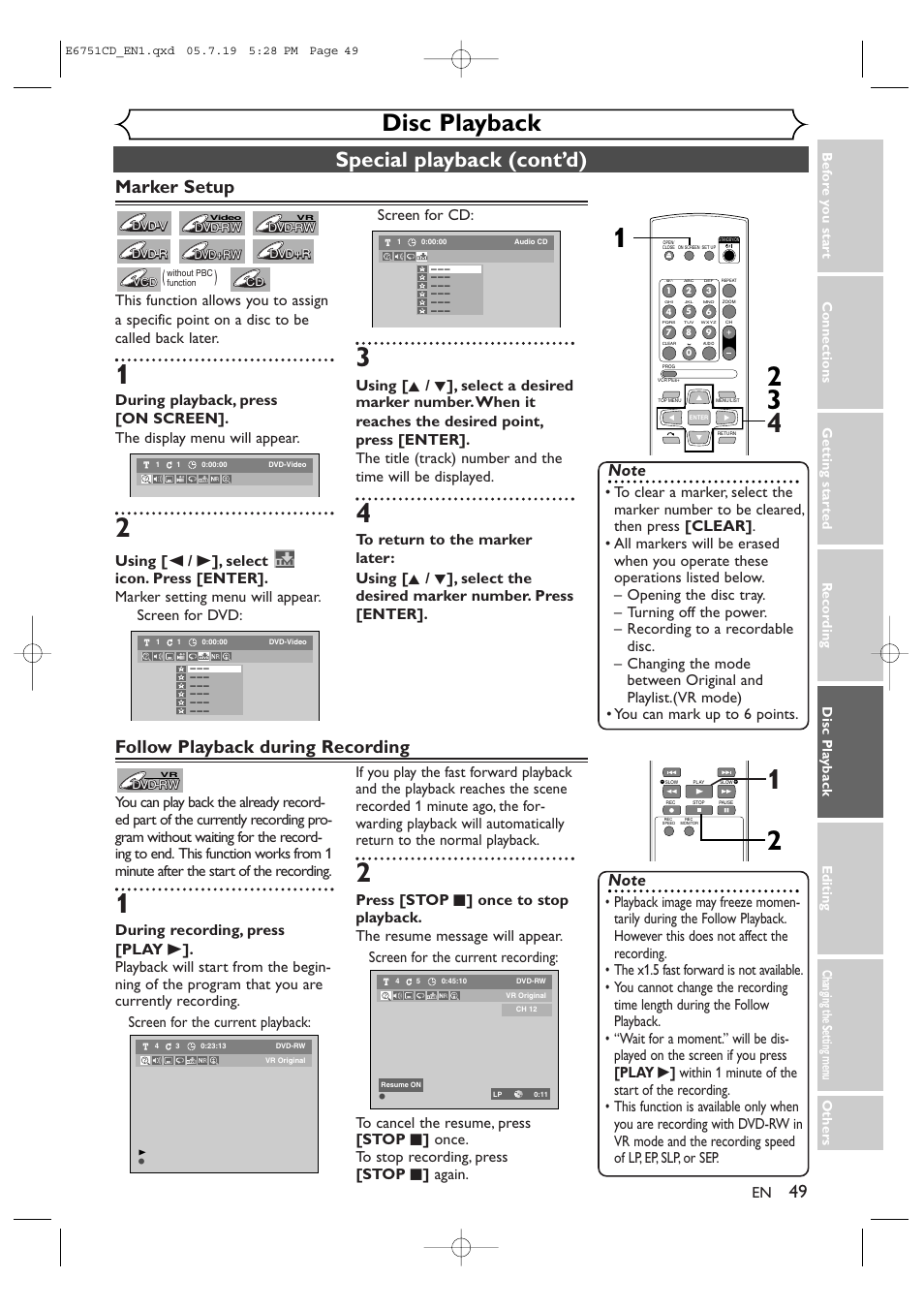 Disc playback, Special playback (cont’d), 49 marker setup | Follow playback during recording | JVC DR-M70SU User Manual | Page 49 / 88