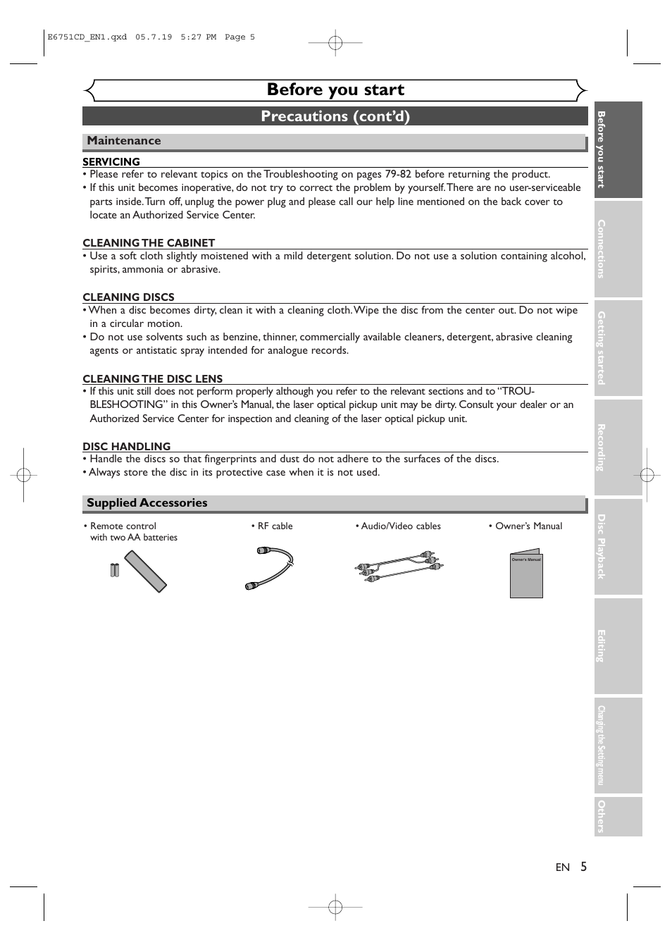 Before you start, Precautions (cont’d) | JVC DR-M70SU User Manual | Page 5 / 88
