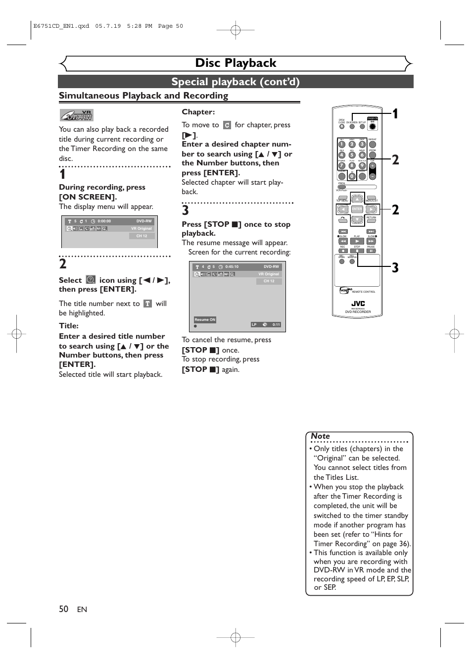 Disc playback, Special playback (cont’d), Simultaneous playback and recording | JVC DR-M70SU User Manual | Page 50 / 88