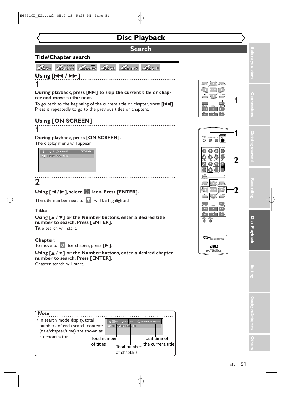 Disc playback, Search, Title/chapter search using [ h / g | Using [on screen | JVC DR-M70SU User Manual | Page 51 / 88