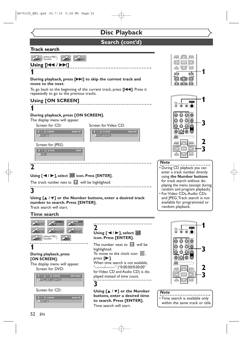 Disc playback, Search (cont’d), Track search using [ h / g | Using [on screen, Time search | JVC DR-M70SU User Manual | Page 52 / 88