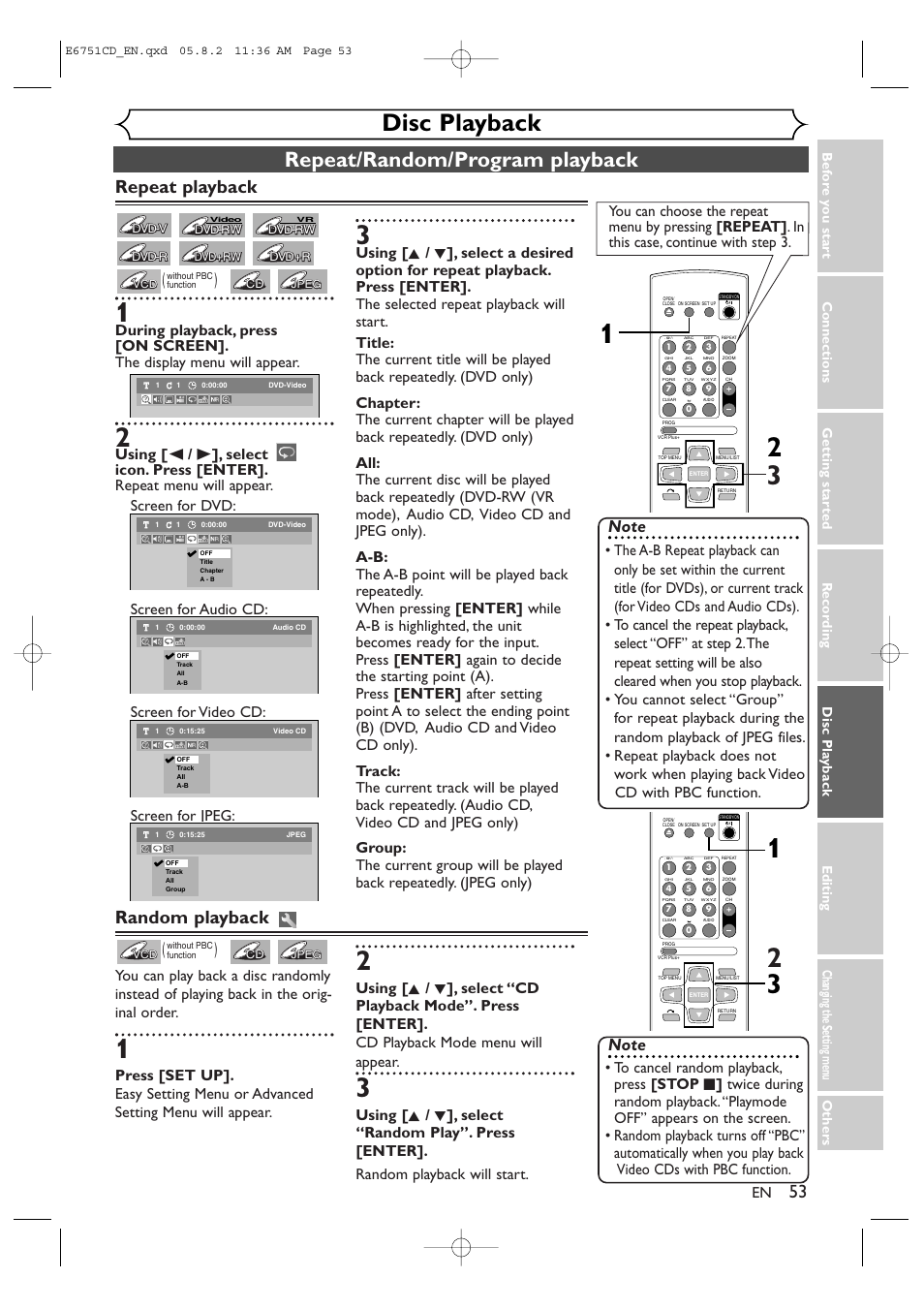 Disc playback, Repeat/random/program playback, Repeat playback | Random playback | JVC DR-M70SU User Manual | Page 53 / 88
