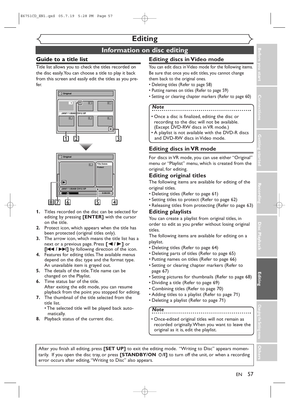 Editing, Information on disc editing, Guide to a title list | Editing discs in video mode, Editing discs in vr mode, Editing original titles, Editing playlists | JVC DR-M70SU User Manual | Page 57 / 88
