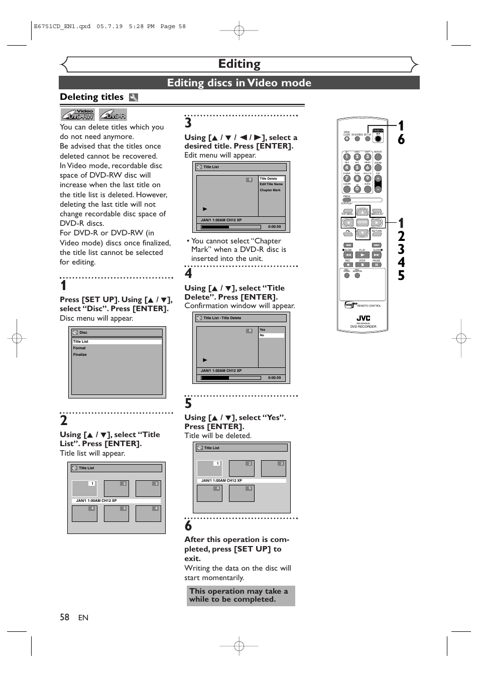 Editing, Editing discs in video mode, Deleting titles | JVC DR-M70SU User Manual | Page 58 / 88