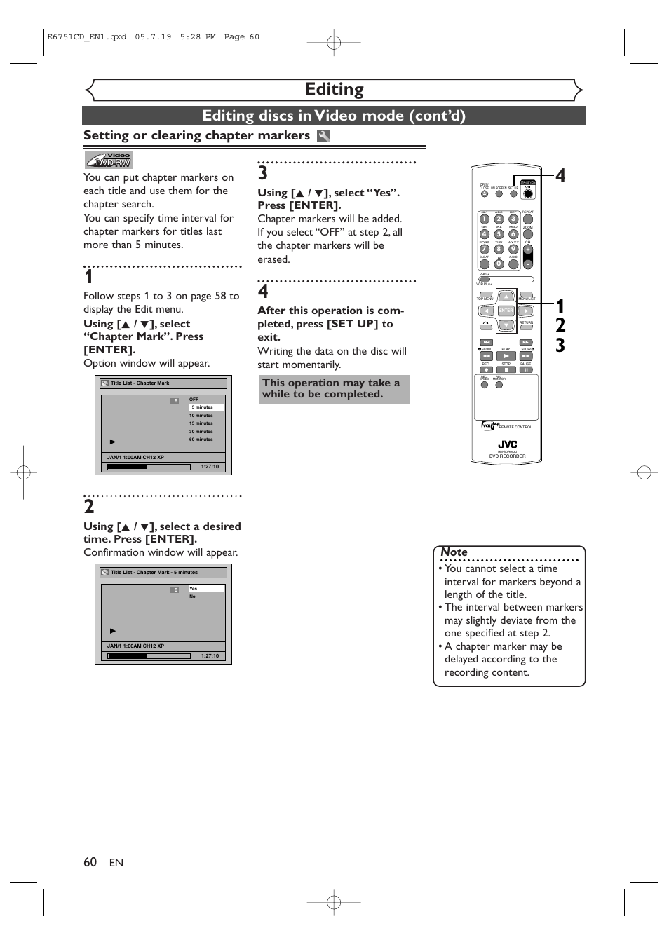 Editing, Editing discs in video mode (cont’d), Setting or clearing chapter markers | JVC DR-M70SU User Manual | Page 60 / 88