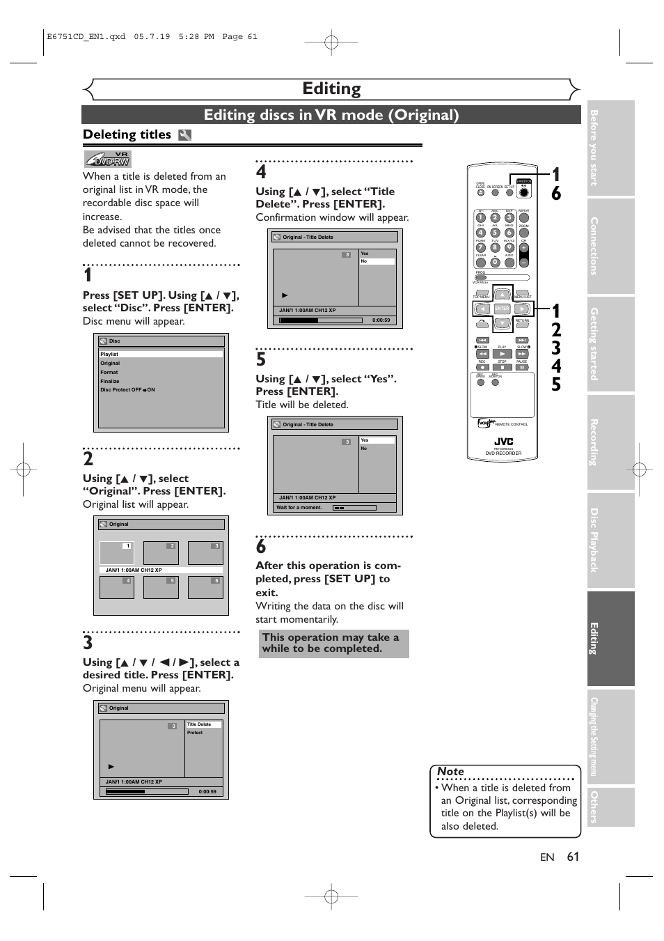 Editing, Editing discs in vr mode (original), Deleting titles | JVC DR-M70SU User Manual | Page 61 / 88
