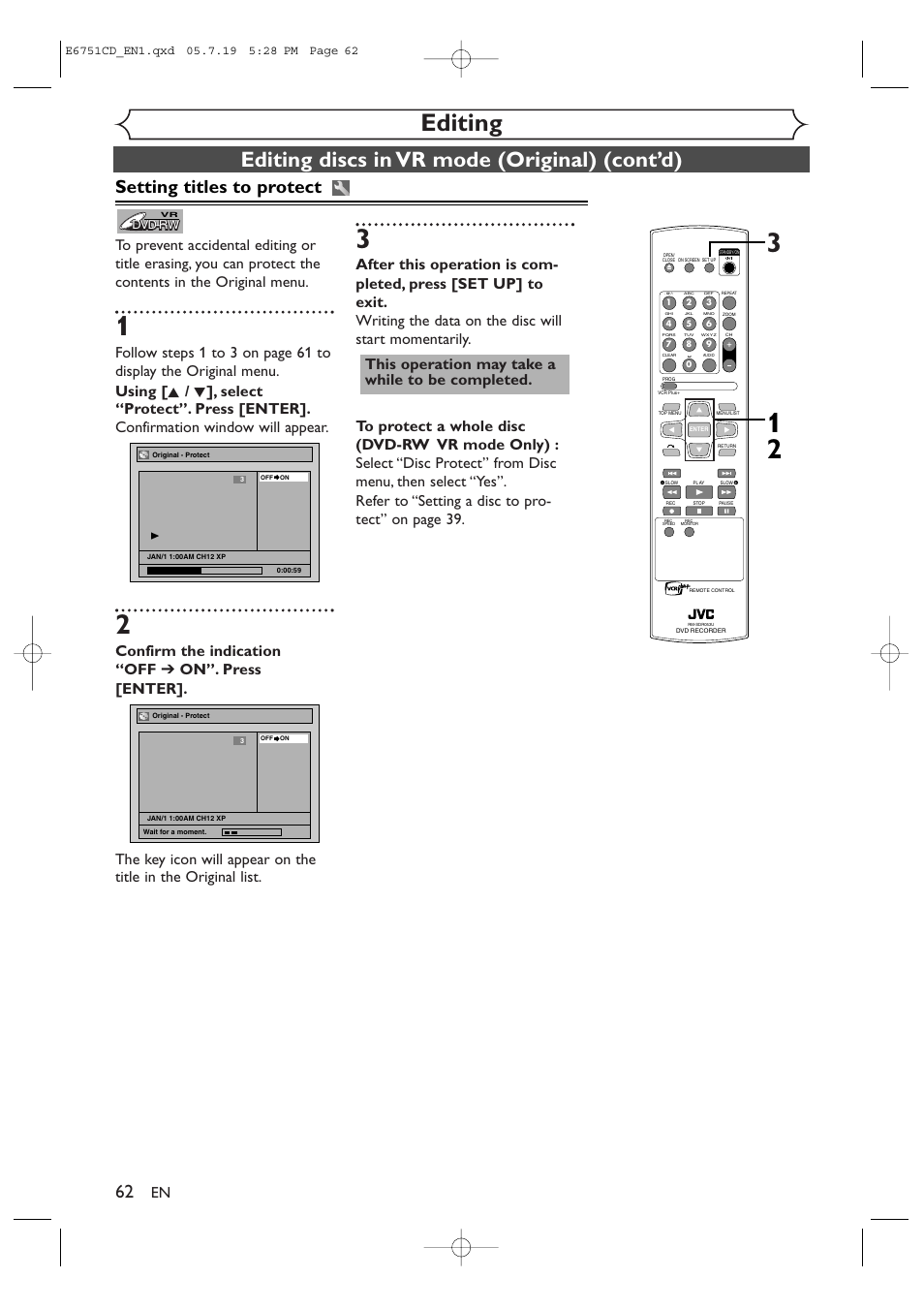 Editing, Editing discs in vr mode (original) (cont’d), Setting titles to protect | JVC DR-M70SU User Manual | Page 62 / 88