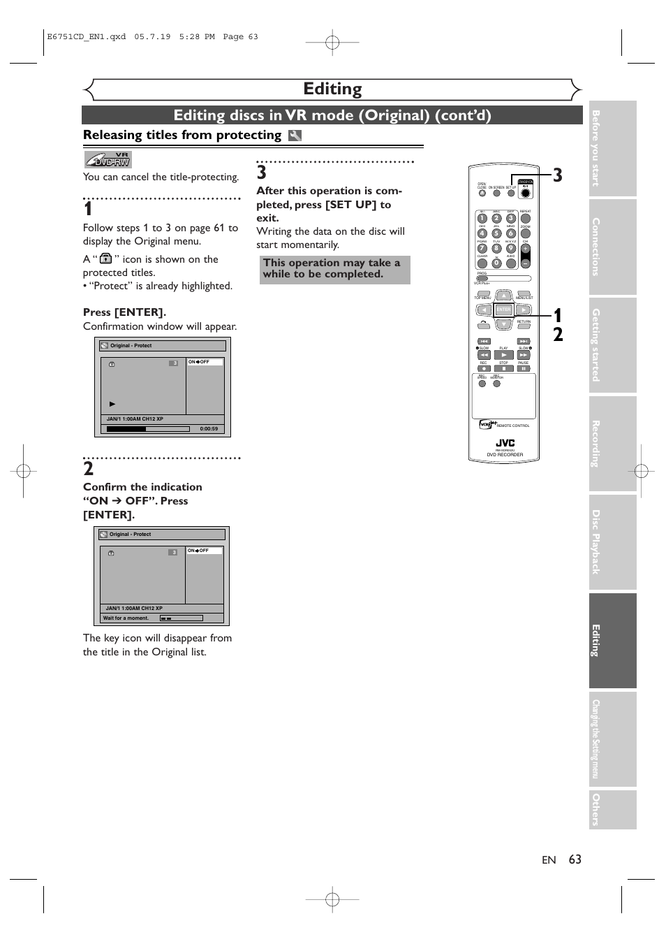 Editing, Editing discs in vr mode (original) (cont’d), Releasing titles from protecting | You can cancel the title-protecting | JVC DR-M70SU User Manual | Page 63 / 88